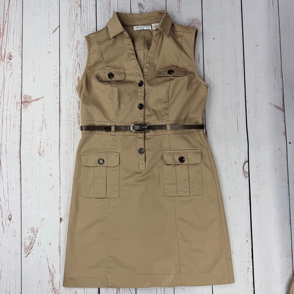 Liz Claiborne Petite Khaki Utility Safari Shirt Dress Tan Belted Size 10P